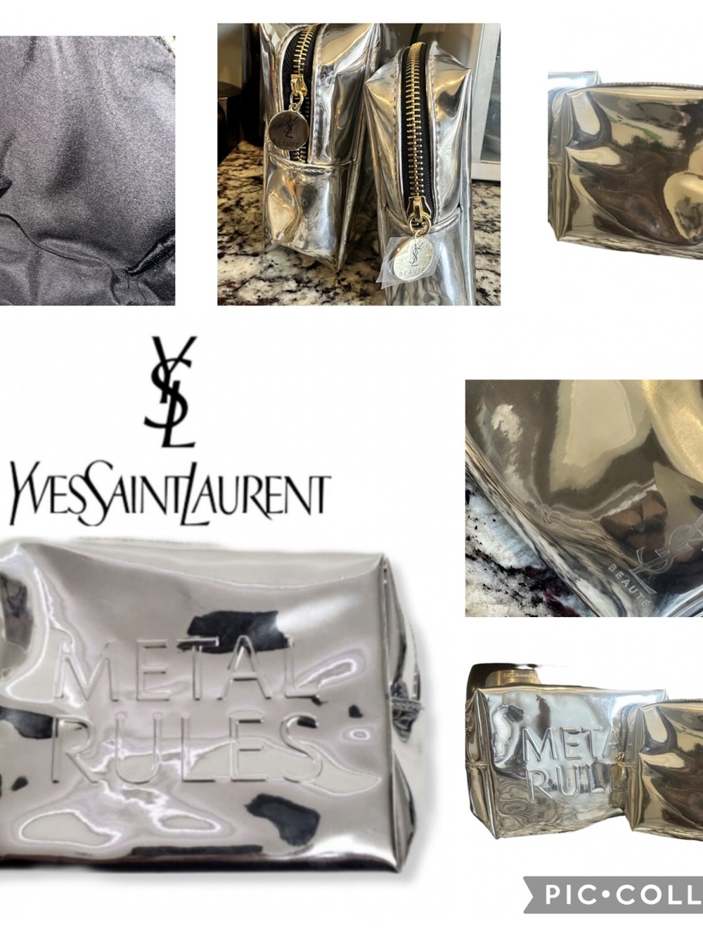 2 matching Yves Saint Laurent Metallic 'Metal Rules' Cosmetic Pouch - Silver